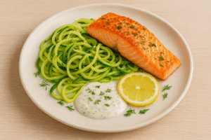 Lax med zucchinispaghetti och citronyoghurt