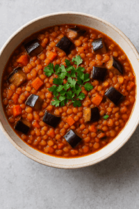 Vegetarisk linsgryta med aubergine och tomat